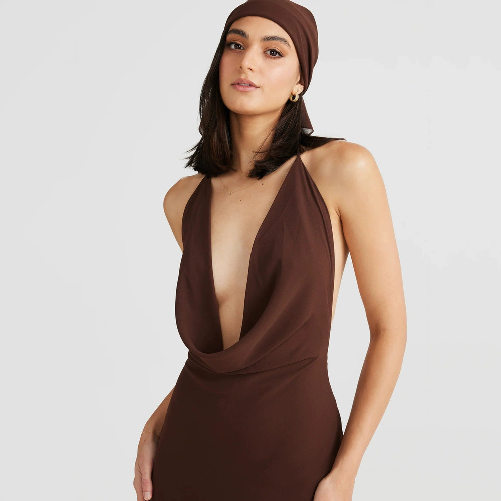 ZARA Sexy Backless Deep Cowl Neck Tie Up Halter Maxi Dress Summer Style